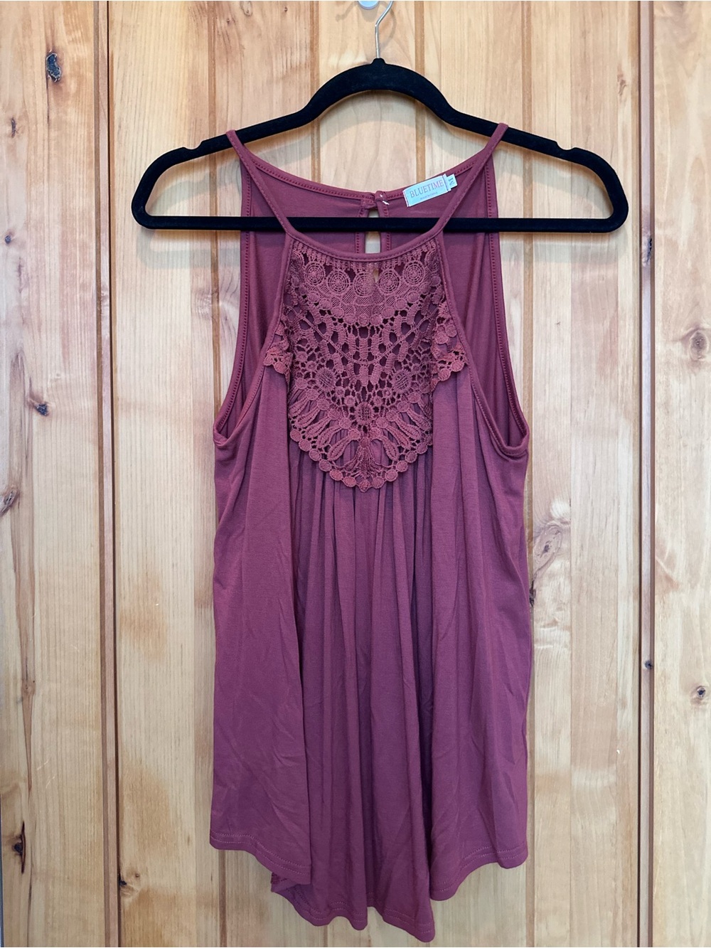 Sleeveless Crochet-Front Tank Top in Mauve by Blu Pepper
